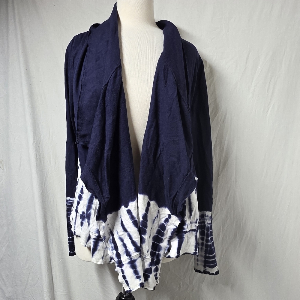 XCVI Tie Dye Open Front Draped Collared Navy Cardigan Size Large